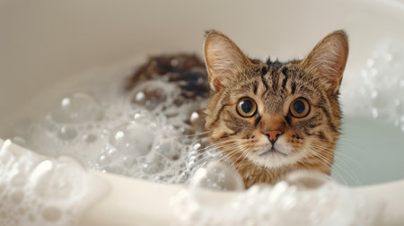 A cat sitting in a bubble-filled bathtub with only its head visible, looking curiously at the camera.の素材
