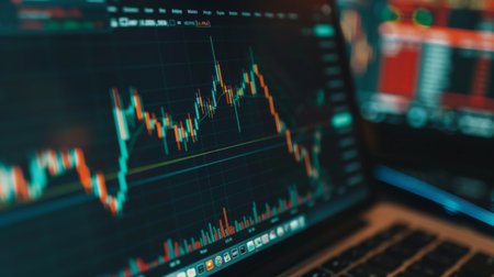 A detailed view of a gold price graph on a laptop screen, with various technical indicators.の素材