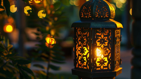 A close-up of an ornate metal lantern with intricate cutouts, glowing warmly in the night.の素材