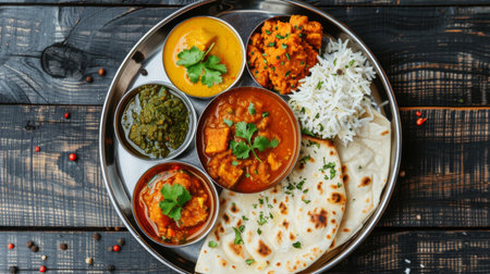 A colorful thali with a variety of curries, rice, chapati, and pickles, showcasing traditional Indian cuisine.の素材