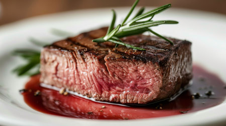 A close-up of a medium-rare steak with a pink, tender center, garnished with rosemary and served with a red wine sauce.の素材