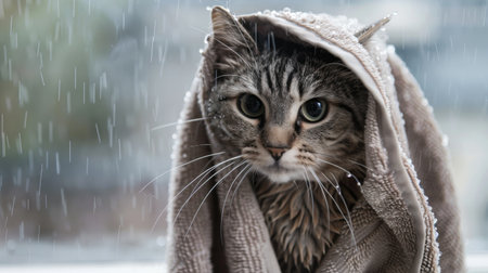 A cat wrapped in a towel, looking content and cozy after a bath, with water droplets on its fur.の素材