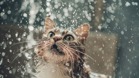A cat shaking off water after a bath, with droplets flying and a surprised expression.の素材