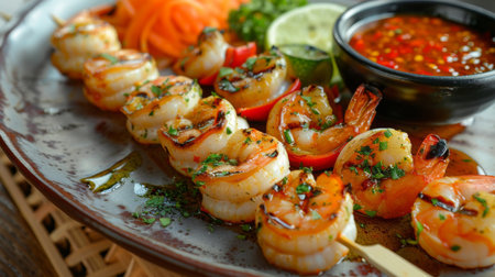 A delectable seafood kebab with shrimp, scallops, and vegetables, grilled to perfection and served with a dipping sauce.の素材