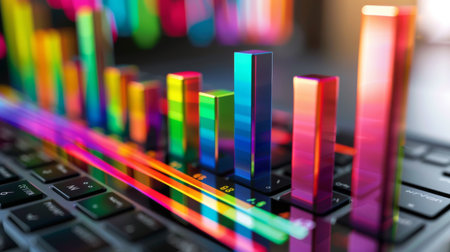 A colorful 3D bar graph displayed on a laptop, indicating quarterly sales performance.の素材