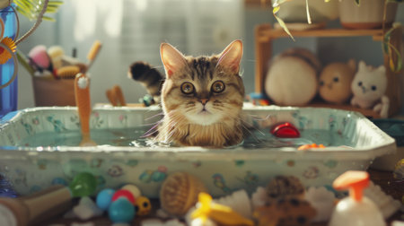 A cat sitting in a shallow basin with water, with toys and bath supplies scattered around.の素材