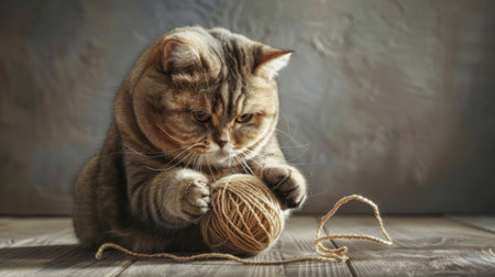 A fat cat playing with a ball of yarn, its rounded body and playful antics captured in action.の素材