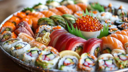 A colorful sushi platter featuring an assortment of rolls, sashimi, and nigiri, with dipping sauces and wasabiの素材