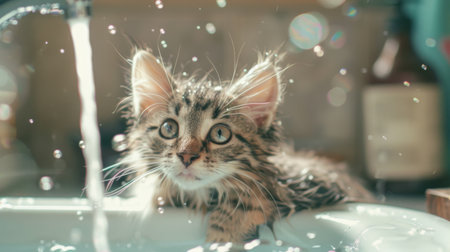 A cute image of a kitten being bathed in a small sink, with a gentle stream of water and playful bubbles.の素材