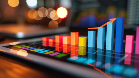 A colorful bar graph displayed on a tablet, indicating growth in various sectorsの素材