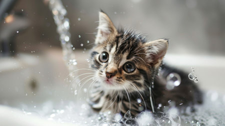 A cute image of a kitten being bathed in a small sink, with a gentle stream of water and playful bubbles.の素材