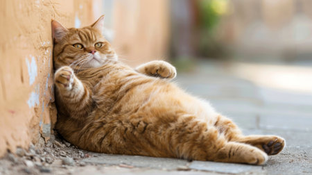A fat cat lying on its back with its paws in the air, showcasing its round belly and contentment.の素材