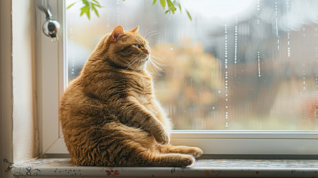 A fat cat sitting proudly on a windowsill, enjoying the view outside, with its fluffy belly showing.の素材