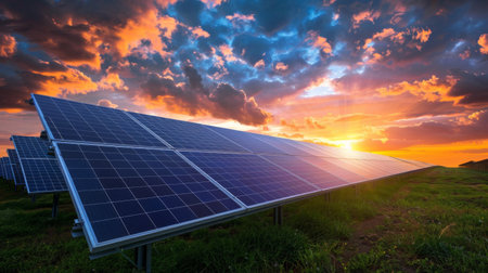 A field of solar panels at sunrise, capturing the first rays of light.の素材