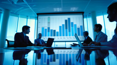 A financial meeting with participants analyzing a bar graph on a projected screen.の素材
