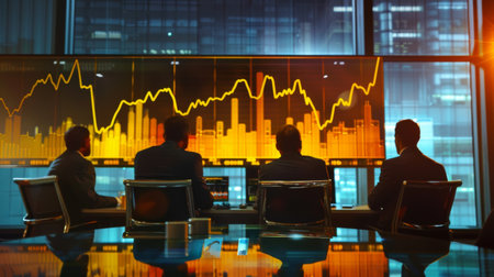 A group of investors discussing gold price graphs projected onto a screen in a boardroom.の素材