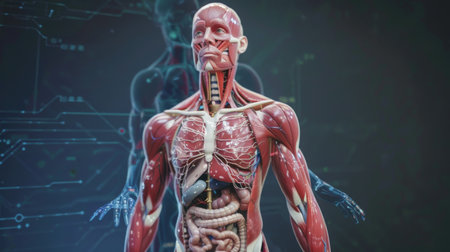 A human body model with highlighted areas of common injuries or medical conditions for educational and training purposes.の素材