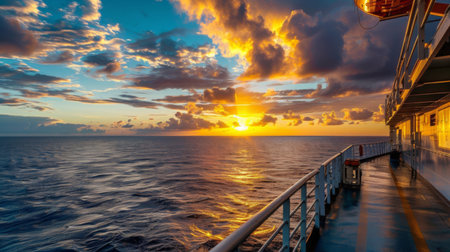 Sunset view from the deck of an oil rig, with the ocean stretching into the distance.の素材