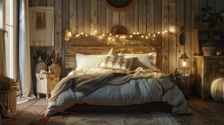 A rustic wooden bed with a farmhouse-style headboard, surrounded by warm, earthy decor and soft lighting.の素材