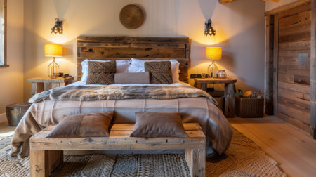 A rustic wooden bed with a farmhouse-style headboard, surrounded by warm, earthy decor and soft lighting.の素材