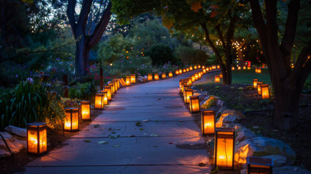 A pathway lined with lanterns during a nighttime garden festival, creating a magical ambiance.の素材