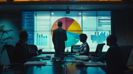 Executives reviewing a pie chart on a large screen, discussing market share distribution.の素材