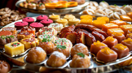 An array of Indian sweets, such as gulab jamun, jalebi, and barfi, beautifully arranged on a platter.の素材