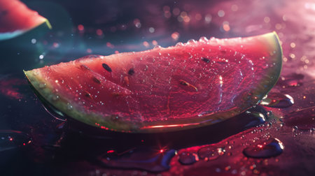 A slice of watermelon with water droplets on its juicy flesh, ready to be enjoyed.の素材