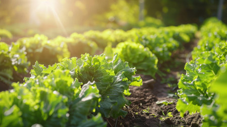 Rows of green leafy vegetables growing in an organic farm, with the sun shining overhead.の素材