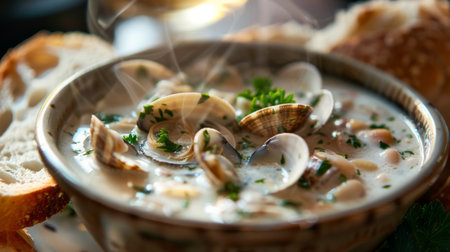 A close-up of a steaming bowl of clam chowder, served with a side of crusty bread and garnished with fresh parsley.の素材
