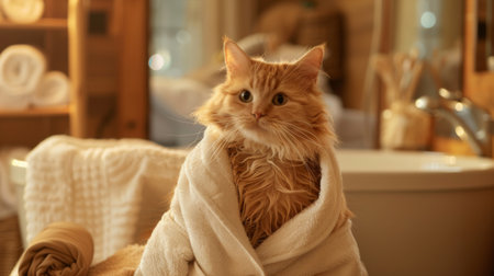 A cat sitting in a bathrobe after a bath, looking relaxed and pampered, with a cozy setting in the background.の素材