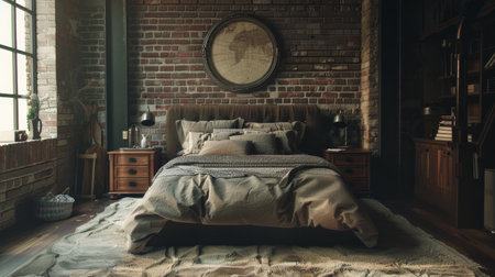 A bed in a stylish studio apartment, featuring a trendy urban design with exposed brick walls and industrial decor.の素材