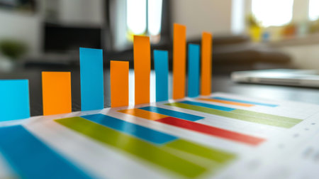 A bar graph comparing quarterly profits, highlighted with vibrant colors, on a presentation slide.の素材