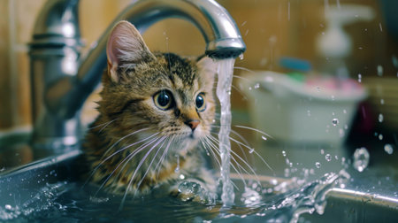 A cat sitting in a sink with running water, looking curiously at the flowing stream.の素材