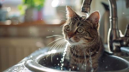 A cat sitting in a sink with running water, looking curiously at the flowing stream.の素材