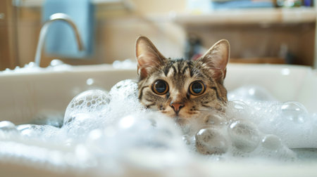A cat sitting in a bubble-filled bathtub with only its head visible, looking curiously at the camera.の素材