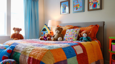 A childs bedroom with a fun, colorful bedspread, featuring playful patterns and stuffed animalsの素材