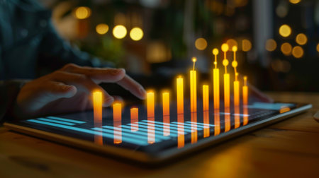 A bar graph with ascending bars, representing financial growth, on a digital tablet screen.の素材
