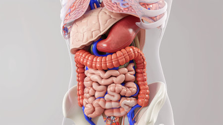 A detailed diagram of the human digestive system, showing organs and their functions in a clear and educational manner.の素材