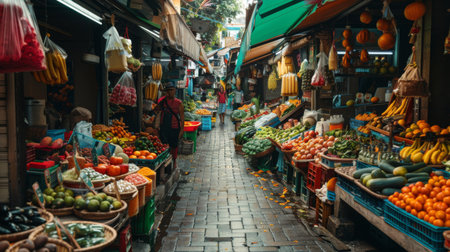 A bustling street market in an exotic destination, with colorful stalls, fresh produce, and local vendors.の素材