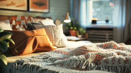 A cozy bedroom scene featuring a neatly made bed with a soft throw blanket and decorative pillows.の素材