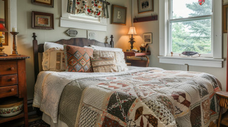A cozy bed in a quaint guest room, adorned with a vintage quilt and surrounded by charming, rustic furnishings.の素材