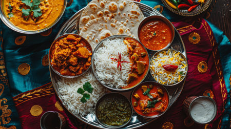 A colorful thali with a variety of curries, rice, chapati, and pickles, showcasing traditional Indian cuisine.の素材