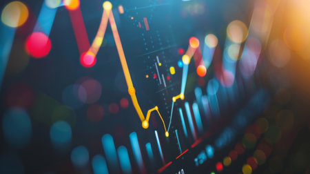 A close-up of a business graph showing market trends, with data points highlighted.の素材