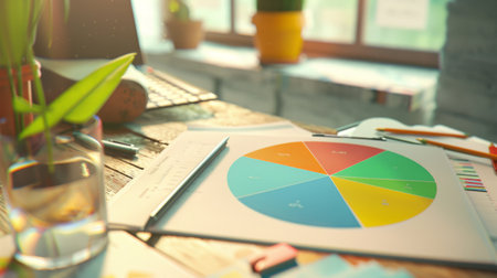 A colorful pie chart printed on a document, laying on a cluttered office desk.の素材