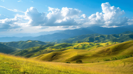 A picturesque mountain landscape with rolling hills and a clear blue sky, perfect for outdoor activities.の素材