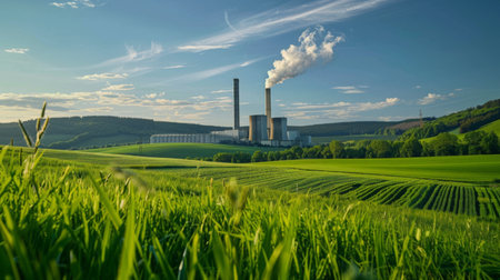 A scenic view of a biomass power plant surrounded by green fields and forests.の素材
