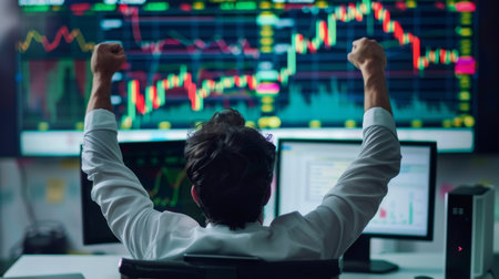 A trader celebrating a positive gold price movement, with a graph on their monitor.の素材