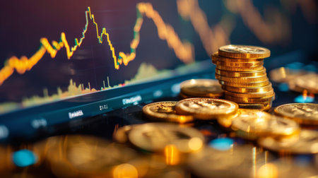 An upward trending gold price graph on a computer screen, with gold coins in the foreground.の素材