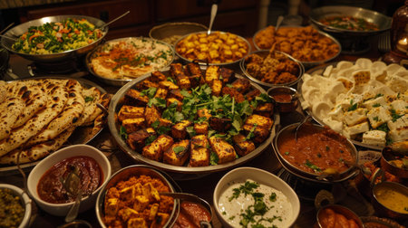 An elaborate spread of Indian vegetarian dishes, including paneer tikka, chole, and aloo gobi.の素材